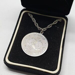 Scorpio Zodiac Coin Pendant Necklace Silver Tone Crown Jewel Collection